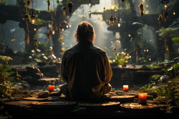 Fototapeta premium man meditating by the lake. mental health concept