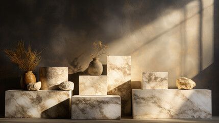 3d rendering of a podium made of stone on a dark background