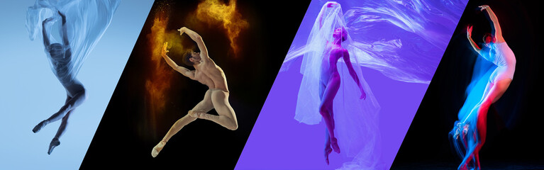 Collage. Elegant man and women, ballet dancers making creative and beautiful dance performance in...