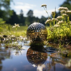 Golf ball on muddy grass field, sport theme concept, blog, website, media social, marketing, tournament, competition, hobby, luxury hobby. Generative Ai Images