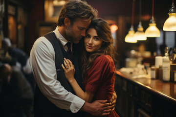 beautiful young couple man and woman embracing in a restaurant or bar, classic period clothing