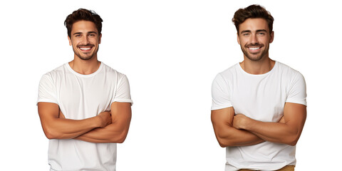 Obraz premium A cheerful positive young man in a white t shirt stands confidently with crossed arms facing the camera