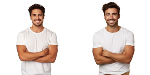 A cheerful positive young man in a white t shirt stands confidently with crossed arms facing the camera