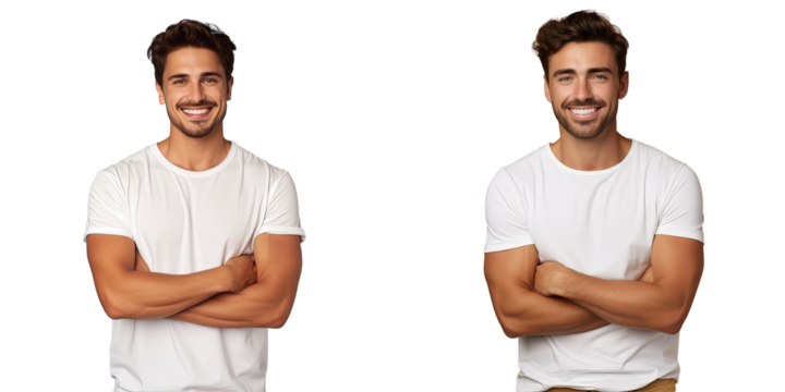 A cheerful positive young man in a white t shirt stands confidently with crossed arms facing the camera