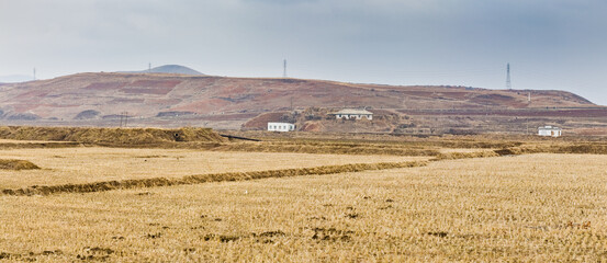 Panoramic view of poor and empty countryside, near Kaesong, Democratic Peoples's Republic of Korea (DPRK), North Korea