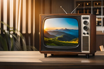 Vector 3d Realistic Retro TV Receiver on a Wooden Table Stand. Home Interior Design Concept. Vintage TV Set on the Wooden Floor. Television, Front View