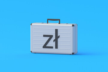 Money suitcase with symbol of polish zloty. Financial concept. Charitable help. Income and expenses. Exchange rates. Investment fund. Economic indicators. National banking system. 3d render