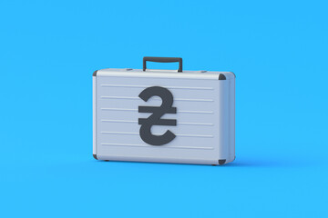 Money suitcase with symbol of ukrainian hryvnia. Financial concept. Charitable help. Income and expenses. Exchange rates. Investment fund. Economic indicators. National banking system. 3d render