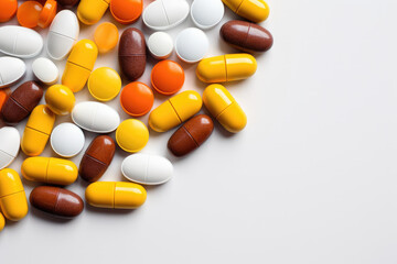 Pills scattered on a white background