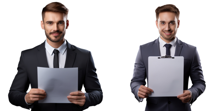 Photo of CEO holding clipboard checking applicant s resume isolated on transparent background