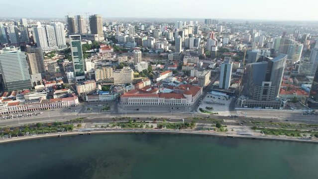Luanda, Angola - August 17, 2023: 5K drone view over the buildings in the bay of Luanda angola