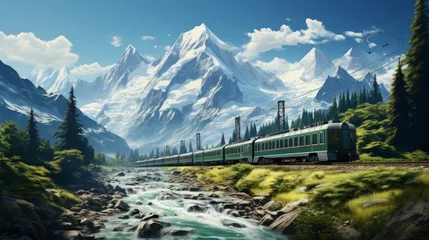 Foto op Plexiglas Photo realistic illustration of train mountaines green. Generative AI. © ProVector