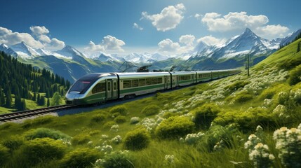 Photo realistic illustration of train mountaines green. Generative AI.