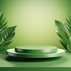 Green product display stand background with sunlight and leaves