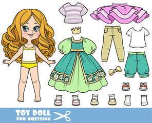 Cartoon girl  with big curls and clothes separately - princess dress,crown, shirts, boots, jeans and sneakers doll for dressing