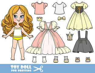 Cartoon girl  with big curls and clothes separately - princess dress,crowns, shirts, skirt and shoes doll for dressing