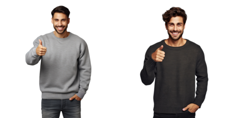 Attractive young man in sweater pointing to the side smiling