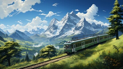 Photo realistic illustration of train mountaines green. Generative AI.