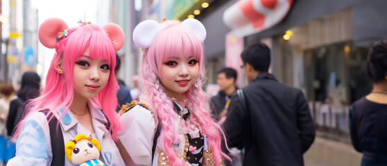 Girls dressed as anime characters or Harajuku, pose at a cosplay gathering in Japan. Shallow field of view.