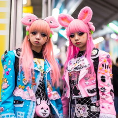 Girls dressed as anime characters or Harajuku, pose at a cosplay gathering in Japan. Shallow field of view.