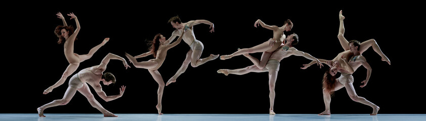Collage. Passion. Man and woman, ballet dancers in beige bodysuits dancing over black background....