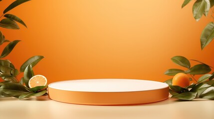 orange product display stand background with sunlight and leaves