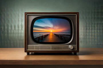 Vector 3d Realistic Retro TV Receiver on a Wooden Table Stand. Home Interior Design Concept. Vintage TV Set on the Wooden Floor. Television, Front View