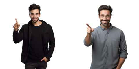 Handsome guy promoting cool product pointing to empty space isolated on transparent background