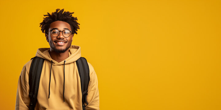 Handsome african american male student wearing backpack and hoodies. Isolated on yellow background. College, school banner template, copy space