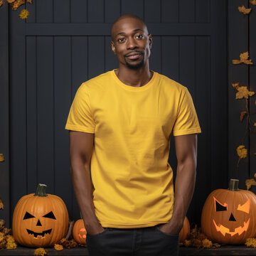  Handsome african american man posing with Halloween, autumn background. T shirt mockup image
