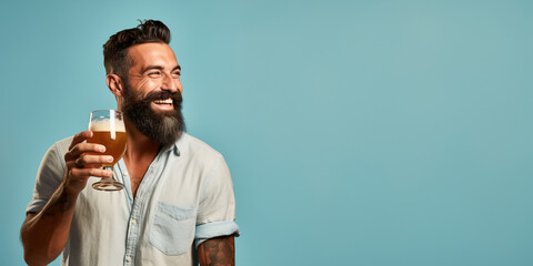 Handsome, bearded, masculine man drinking beer. October fest, craft beer banner template, copy space isolated on solid blue background