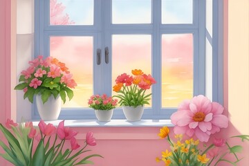 Colourful Flowers agains sunny window. AI generated illustration