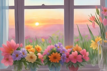 Colourful Flowers agains sunny window. AI generated illustration