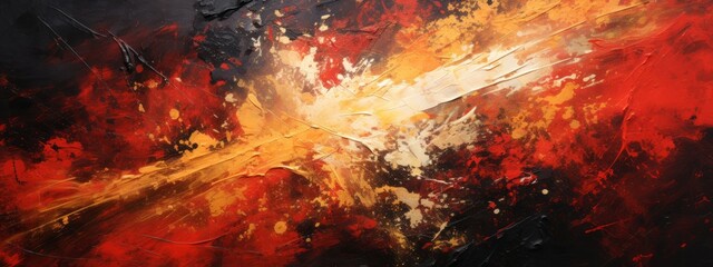 Closeup of abstract rough colorful red gold colors explosion painting texture, with oil brushstroke, pallet knife paint on canvas - Art background