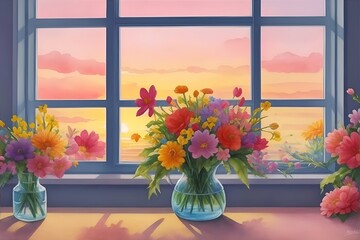 Obraz na płótnie Canvas Colourful Flowers agains sunny window. AI generated illustration