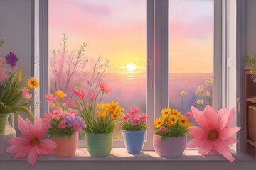 Colourful Flowers agains sunny window. AI generated illustration