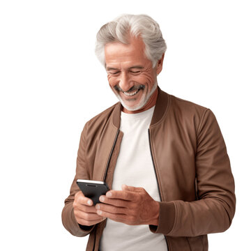  Middle Aged Man Using Her Smartphone, Internet, Social Media. Isolated On Transparent Background 