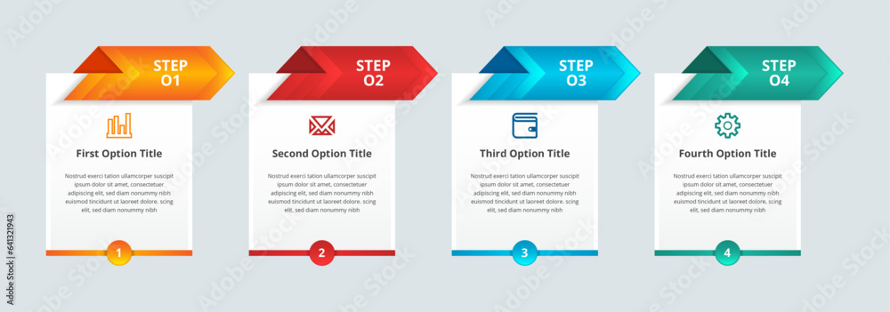 Poster progress bar with 4 arrows on top rectangular elements placed in horizontal row. concept of four ste