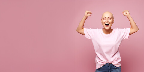 Strong woman winning fight against breast cancer. Cancer awareness banner, copy space. 
