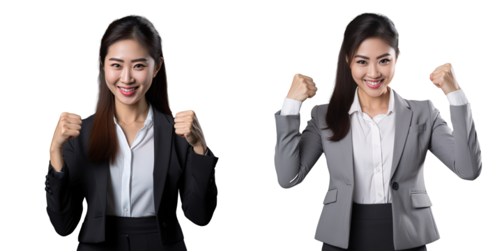 Fit Asian female entrepreneur gives approval with weights on transparent background