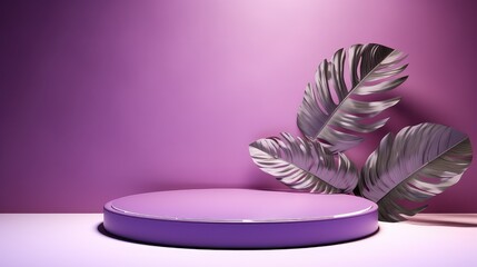 purple product display stand background with sunlight and leaves