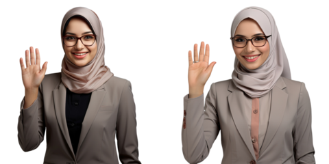 A friendly Muslim businesswoman in hijab suit and glasses signaling a warm welcome isolated on a transparent background
