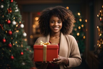 Smiling afro american teenajer girl holding red gift box on defocused  christmas  background. New Year. Christmas.