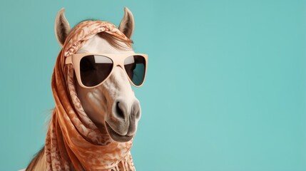 Obraz premium Photo of a stylish horse wearing sunglasses and a scarf