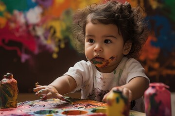 A toddler exploring his artistic side, finger painting and expressing creativity. Messy play area, encouraging fine motor skills and self-expression. Generative AI