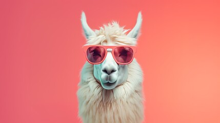 llama wearing red sunglasses on a vibrant pink background