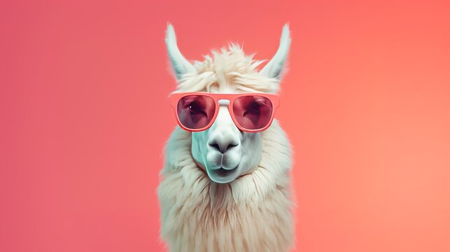 llama wearing red sunglasses on a vibrant pink background © mattegg