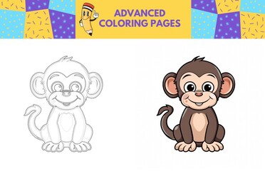Chimpanzee coloring page with colored example for kids. Coloring book