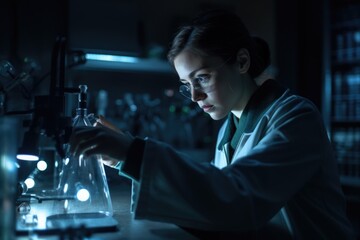 A young scientist woman student conducting experiments in a laboratory, surrounded by scientific equipment and chemicals. The scientific setting. Generative AI.