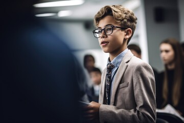 A young student passionately giving a presentation in front of a classroom filled with attentive classmates in a well-equipped classroom setting. Generative AI.